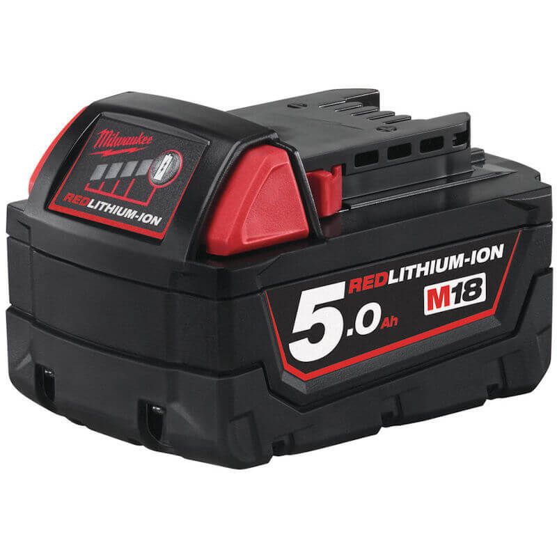 Milwaukee M18™ REDLITHIUM-ION™ 5.0Ah Battery with REDLINK™ overload protection, metal frame construction, and fuel gauge for longer runtime and durability. Milwaukee M18™ REDLITHIUM-ION™ 5.0Ah Battery with REDLINK™ overload protection, metal frame construction, and fuel gauge for longer runtime and durability.